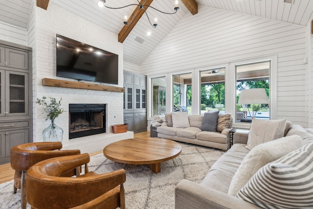 4705 Clydesdale Dr, Flower Mound, TX 75028 - living area featuring high vaulted ceiling, a fireplace, wood walls, wood finished floors, and a wood ceiling with exposed beams