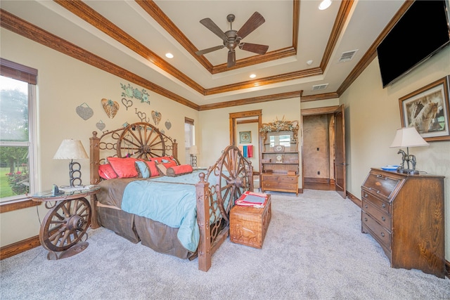 4555 Farm Rd Unit 1402, Mount Pleasant, TX 75455 - bedroom with carpet, a raised ceiling, ornamental molding, and recessed lighting