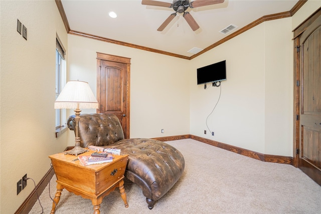 4555 Farm Rd Unit 1402, Mount Pleasant, TX 75455 - living area featuring carpet floors, ceiling fan, and crown molding