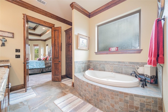 4555 Farm Rd Unit 1402, Mount Pleasant, TX 75455 - bathroom with crown molding, a bath, vanity, and ensuite bath