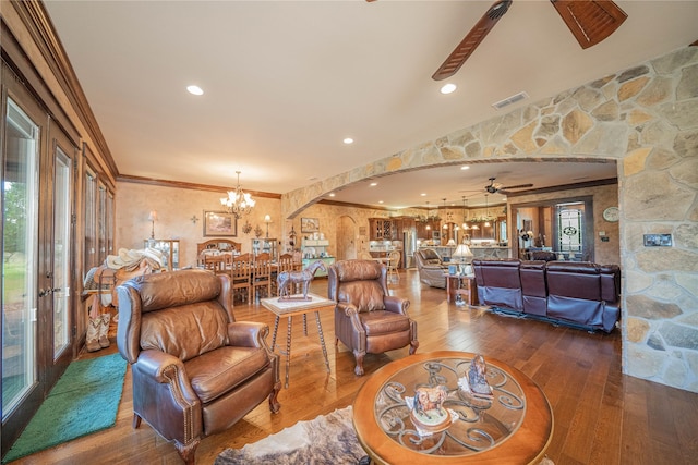 4555 Farm Rd Unit 1402, Mount Pleasant, TX 75455 - living room featuring a chandelier, hardwood / wood-style floors, a ceiling fan, and ornamental molding