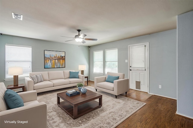 1347 Hillside Dr, Burleson, TX 76028 - living room with ceiling fan and wood finished floors