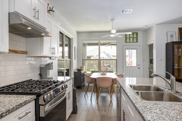 9657 Alderleaf Trl, Fort Worth, TX 76036 - kitchen with stainless steel appliances, under cabinet range hood, a ceiling fan, decorative backsplash, and white cabinetry