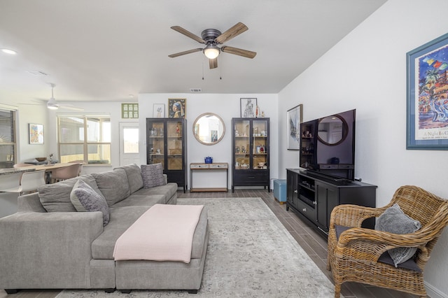 9657 Alderleaf Trl, Fort Worth, TX 76036 - living room with ceiling fan and wood tiled floors