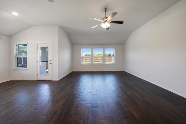 4205 Cordata Dr, Melissa, TX 75454 - bonus room with vaulted ceiling, healthy amount of natural light, a ceiling fan, and dark wood-style flooring