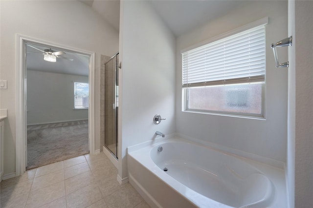 4205 Cordata Dr, Melissa, TX 75454 - full bathroom with a garden tub, a stall shower, tile patterned floors, and ceiling fan