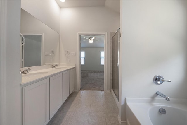 4205 Cordata Dr, Melissa, TX 75454 - bathroom with tile patterned floors, a garden tub, double vanity, an enclosed shower, and a ceiling fan