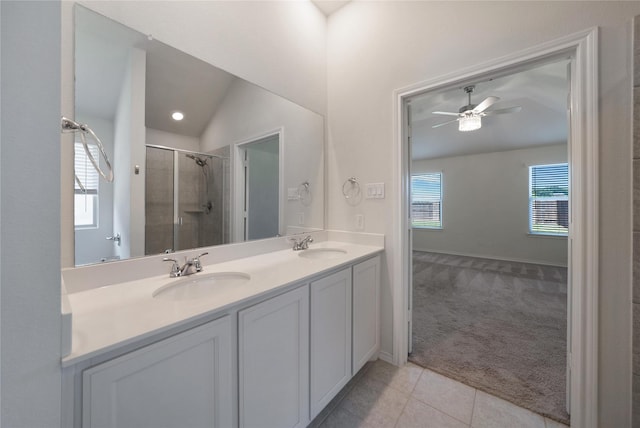 4205 Cordata Dr, Melissa, TX 75454 - full bathroom featuring double vanity, plenty of natural light, a stall shower, ceiling fan, and vaulted ceiling