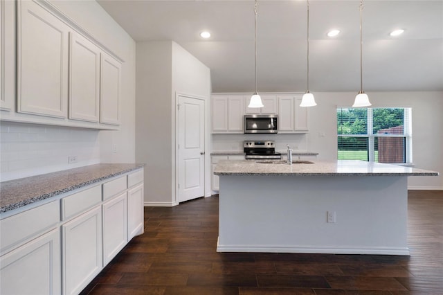 4205 Cordata Dr, Melissa, TX 75454 - kitchen featuring stainless steel appliances, dark wood finished floors, white cabinetry, light stone countertops, and backsplash