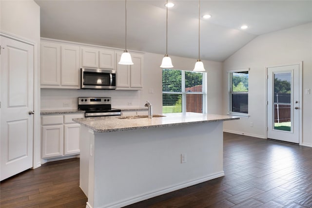 4205 Cordata Dr, Melissa, TX 75454 - kitchen featuring stainless steel appliances, vaulted ceiling, dark wood-type flooring, white cabinetry, and light stone counters