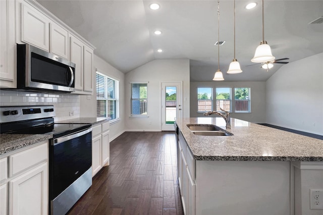 4205 Cordata Dr, Melissa, TX 75454 - kitchen with stainless steel appliances, vaulted ceiling, dark wood finished floors, light stone countertops, and recessed lighting