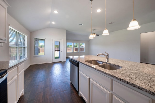 4205 Cordata Dr, Melissa, TX 75454 - kitchen featuring appliances with stainless steel finishes, vaulted ceiling, light stone countertops, hanging light fixtures, and dark wood-type flooring