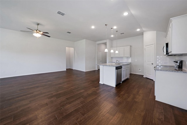 4205 Cordata Dr, Melissa, TX 75454 - kitchen with open floor plan, stainless steel appliances, an island with sink, a ceiling fan, and recessed lighting