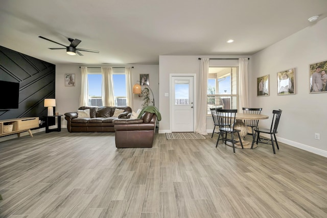 2305 Waggoner Ranch Dr, Weatherford, TX 76087 - living room with a ceiling fan, wood finished floors, and recessed lighting