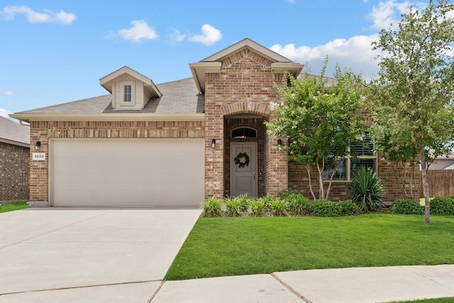 1000 Napier Way, Fort Worth, TX 76247 - french country inspired facade with brick siding, a front yard, driveway, an attached garage, and a shingled roof