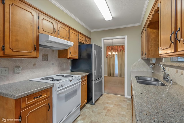 189 India Dr, Shreveport, LA 71115 - kitchen with white electric range, under cabinet range hood, a chandelier, brown cabinets, and crown molding