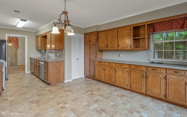 189 India Dr, Shreveport, LA 71115 - kitchen with brick patterned floors, brown cabinets, light countertops, appliances with stainless steel finishes, and ornamental molding