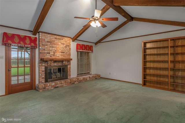 189 India Dr, Shreveport, LA 71115 - unfurnished living room with a ceiling fan, carpet flooring, and a fireplace