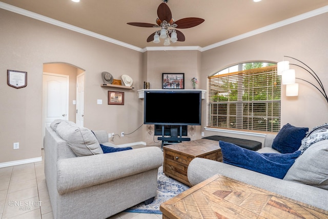 217 Sugarloaf Ave, Abilene, TX 79602 - tiled living area with ceiling fan, ornamental molding, and arched walkways