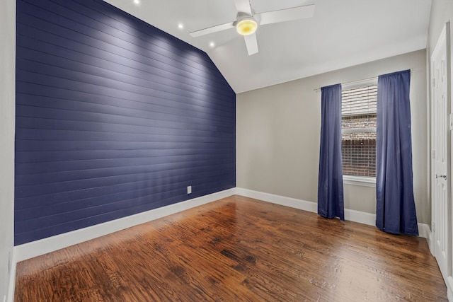 682 Cannon Dr, Fate, TX 75087 - empty room featuring ceiling fan, wood finished floors, lofted ceiling, and recessed lighting