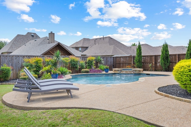 682 Cannon Dr, Fate, TX 75087 - view of swimming pool featuring a fenced backyard, a patio area, and a pool with connected hot tub