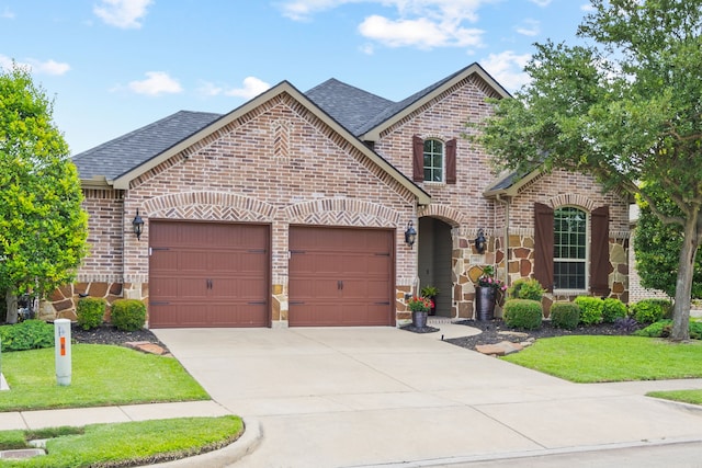 682 Cannon Dr, Fate, TX 75087 - french country inspired facade with brick siding, a garage, driveway, and a shingled roof
