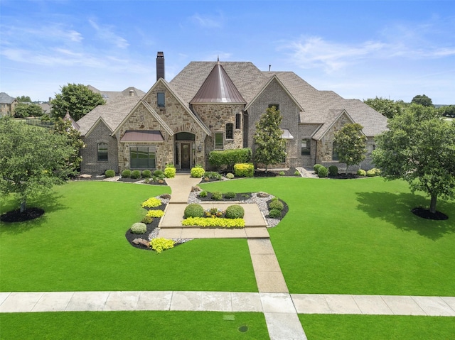 109 Old Vineyard Ln, Heath, TX 75032 - french country inspired facade with a standing seam roof, stone siding, a front lawn, a chimney, and a metal roof