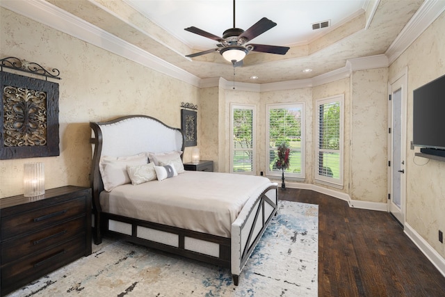 109 Old Vineyard Ln, Heath, TX 75032 - bedroom featuring ornamental molding, a tray ceiling, wood finished floors, and ceiling fan