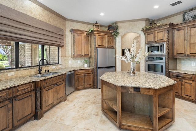 109 Old Vineyard Ln, Heath, TX 75032 - kitchen with open shelves, stainless steel appliances, ornamental molding, decorative backsplash, and light stone counters