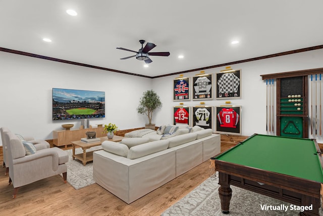206 S Field St, Prosper, TX 75078 - living area with ornamental molding, recessed lighting, ceiling fan, light wood-style flooring, and billiards