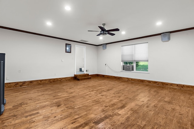 206 S Field St, Prosper, TX 75078 - unfurnished room with ornamental molding, ceiling fan, wood finished floors, cooling unit, and recessed lighting