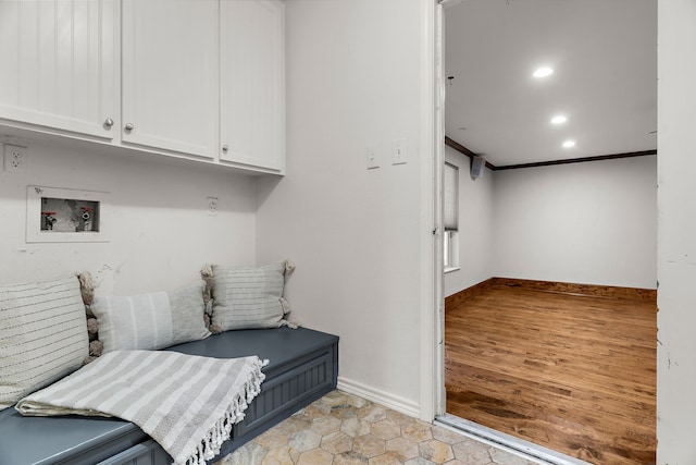 206 S Field St, Prosper, TX 75078 - mudroom featuring recessed lighting and ornamental molding
