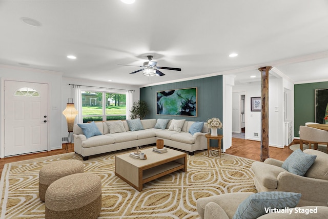 206 S Field St, Prosper, TX 75078 - living area featuring crown molding, decorative columns, a ceiling fan, recessed lighting, and wood finished floors