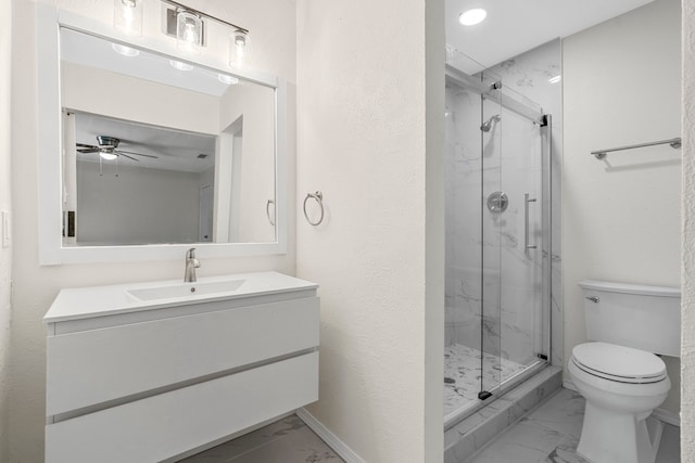 1828 Tracey Cir, Irving, TX 75060 - full bath featuring marble look tile flooring, a marble finish shower, vanity, and ceiling fan