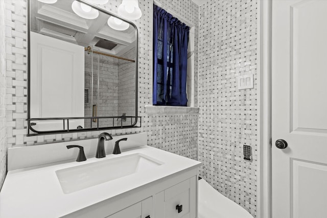 119 Locust Ct, Oak Leaf, TX 75154 - bathroom with tile walls, vanity, a shower with shower door, and coffered ceiling