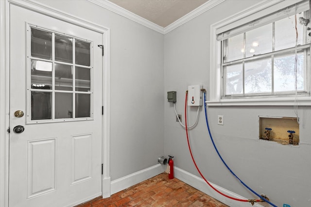 119 Locust Ct, Oak Leaf, TX 75154 - laundry room featuring hookup for a washing machine, brick floors, and ornamental molding