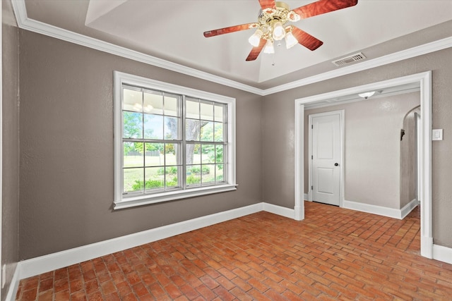 119 Locust Ct, Oak Leaf, TX 75154 - spare room featuring brick flooring, a ceiling fan, and ornamental molding