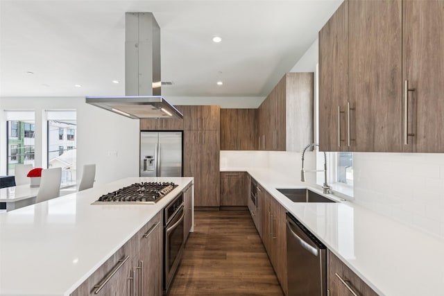 4726 Manett St Unit 101, Dallas, TX 75204 - kitchen with stainless steel appliances, modern cabinets, island range hood, light countertops, and recessed lighting