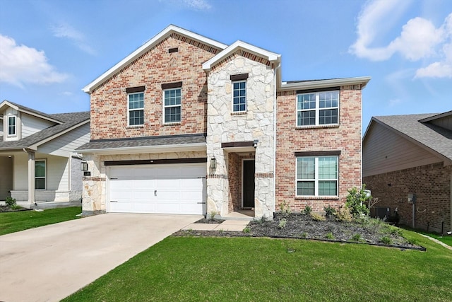 1213 Bonsmara Dr, Northlake, TX 76247 - view of front of house featuring brick siding, a front yard, driveway, an attached garage, and stone siding