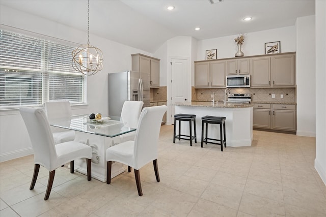 5704 Ridgeson Dr, Mckinney, TX 75071 - dining room featuring a chandelier, vaulted ceiling, and recessed lighting