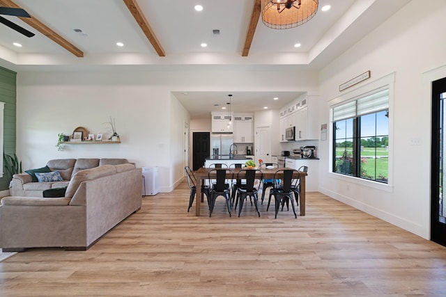 176 Private Road 33082, Sumner, TX 75486 - dining space with light wood-type flooring, recessed lighting, beamed ceiling, and ceiling fan