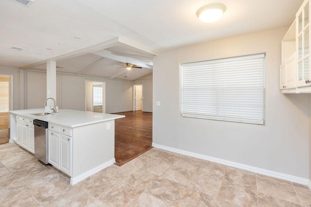 3101 Bonniebrook Dr, Plano, TX 75075 - kitchen with dishwasher, white cabinetry, ceiling fan, and glass insert cabinets