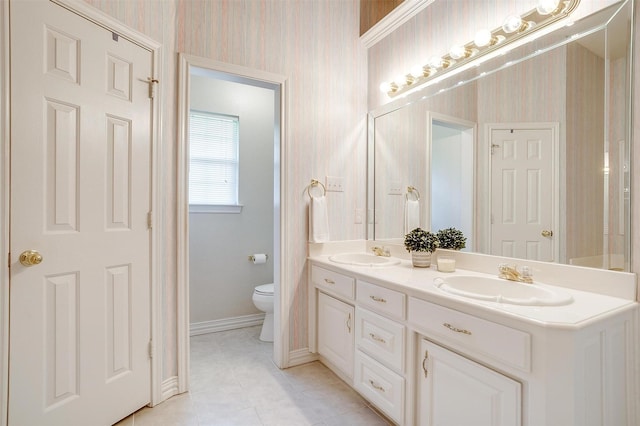133 Sunny Meadows Dr, Burleson, TX 76028 - bathroom featuring wallpapered walls, double vanity, and tile patterned flooring