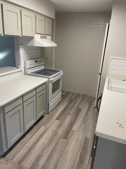56 E Mountain Creek Dr Unit 22, Grand Prairie, TX 75052 - kitchen featuring white electric stove, gray cabinetry, under cabinet range hood, and light wood-style floors