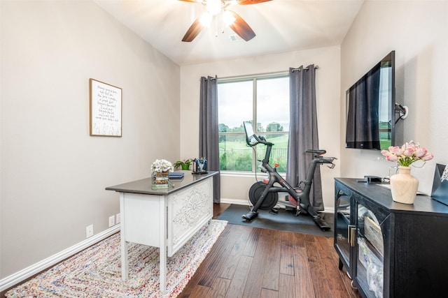 1506 Pine Hills Ln, Corinth, TX 76210 - office area featuring ceiling fan and dark wood finished floors