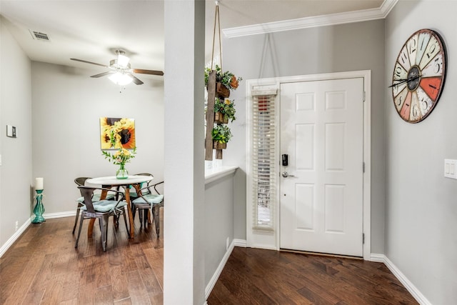 1506 Pine Hills Ln, Corinth, TX 76210 - entrance foyer with ceiling fan, wood finished floors, and ornamental molding