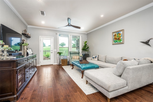 1506 Pine Hills Ln, Corinth, TX 76210 - living room with dark wood-style floors, ornamental molding, a ceiling fan, and recessed lighting