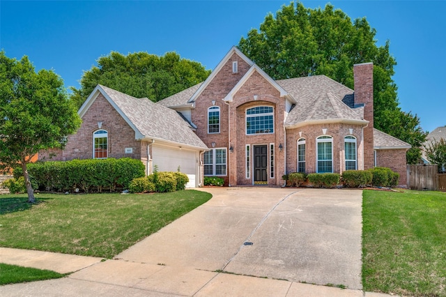 6001 Autumn Way, Mckinney, TX 75072 - traditional-style home with brick siding, a chimney, roof with shingles, and a garage