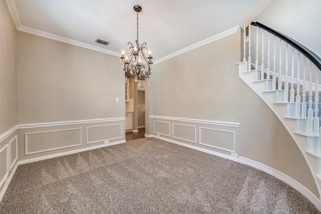 6001 Autumn Way, Mckinney, TX 75072 - spare room with a decorative wall, a chandelier, carpet floors, ornamental molding, and stairway