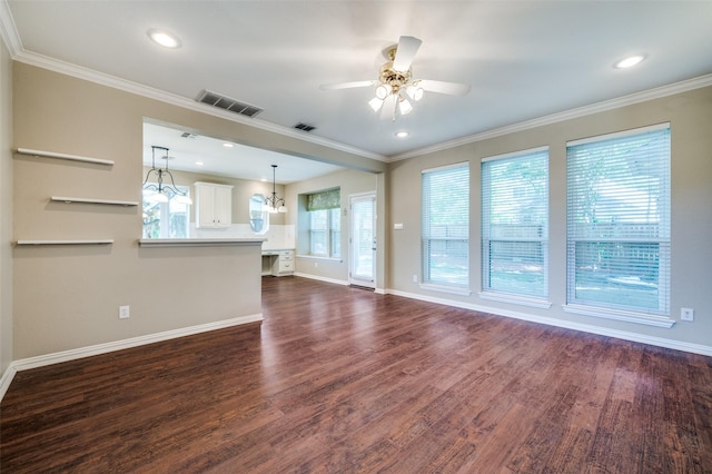 6001 Autumn Way, Mckinney, TX 75072 - unfurnished living room featuring dark wood-style flooring, a ceiling fan, ornamental molding, and recessed lighting